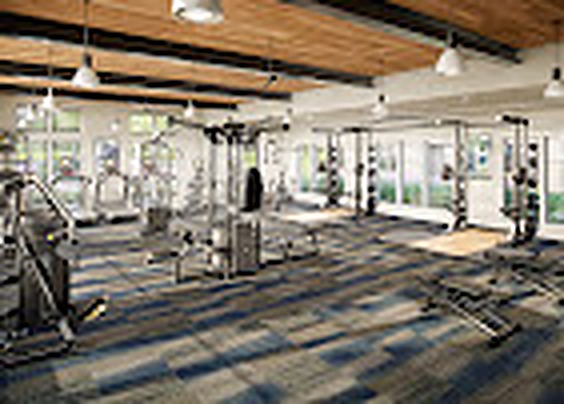 Fitness center with cardio equipment and a wood ceiling, Alexan Lake Olympia